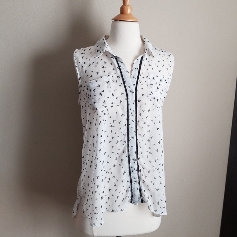 Bird print button up sleeveless blouse